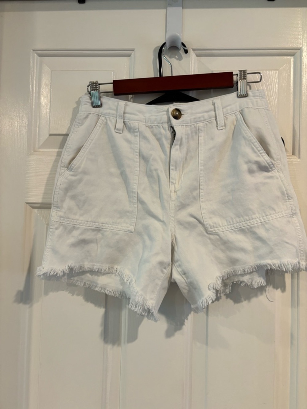 aerie White High-Rise Frayed Hem Denim Shorts